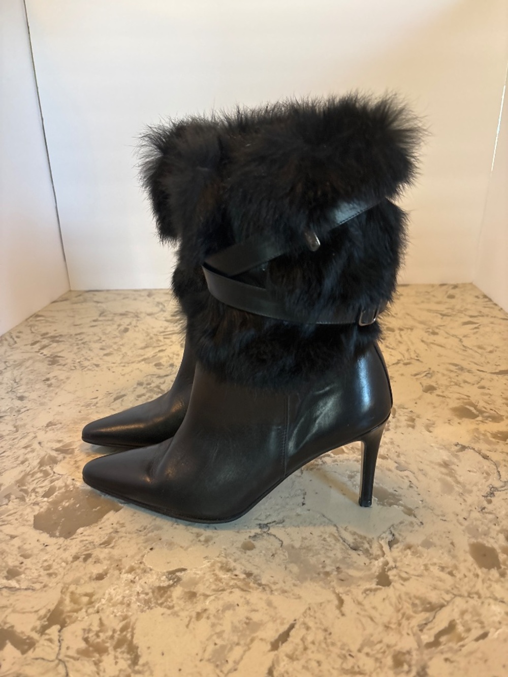 EUC  Coach Marlow Black Leather High Heel Mid Calf Boots Rabbit Fur Trim 6.5 - Picture 2 of 6